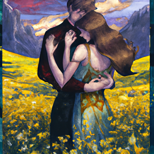 קלף טארוט המתאר זוג רומנטי מחובק בשדה פרחים