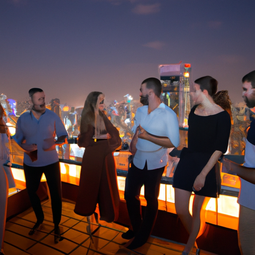 קבוצת חברים חוגגת יום הולדת בבר על הגג עם נוף פנורמי של רמת גן.
