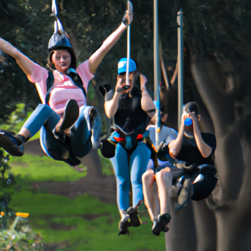 קבוצת חברים נהנית מהרפתקת זיפ-לינינג בפארק מקומי ברמת גן.