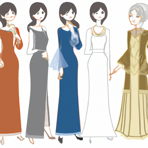 איור של נשים הלובשות שמלות ערב צנועות באירועים שונים כגון חתונות, מסיבות קוקטייל וארוחות ערב עסקיות.