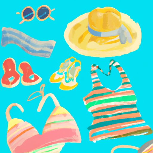 תמונה של בגדי ים צבעוניים בשילוב עם אביזרים מהנים כגון משקפי שמש, סנדלי בריכה וכובע קש.
